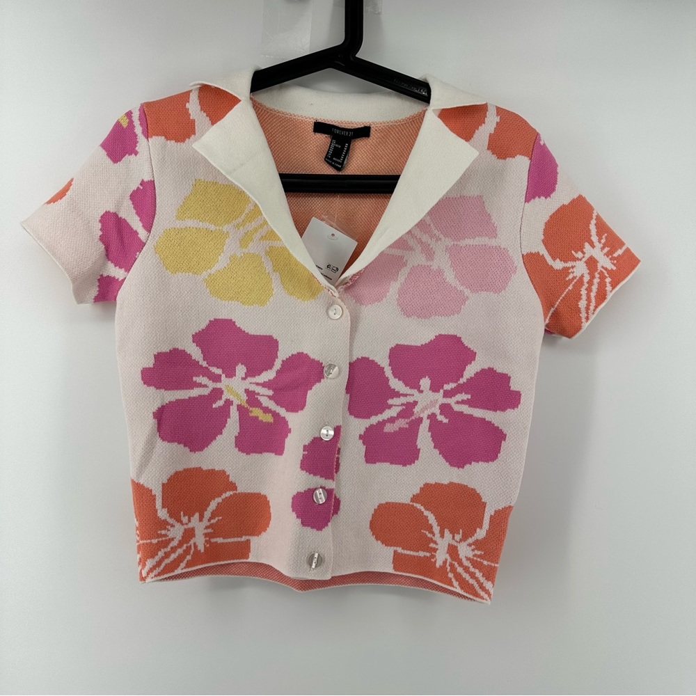 Forever 21 Knit Tropical Floral Crop Top Shirt